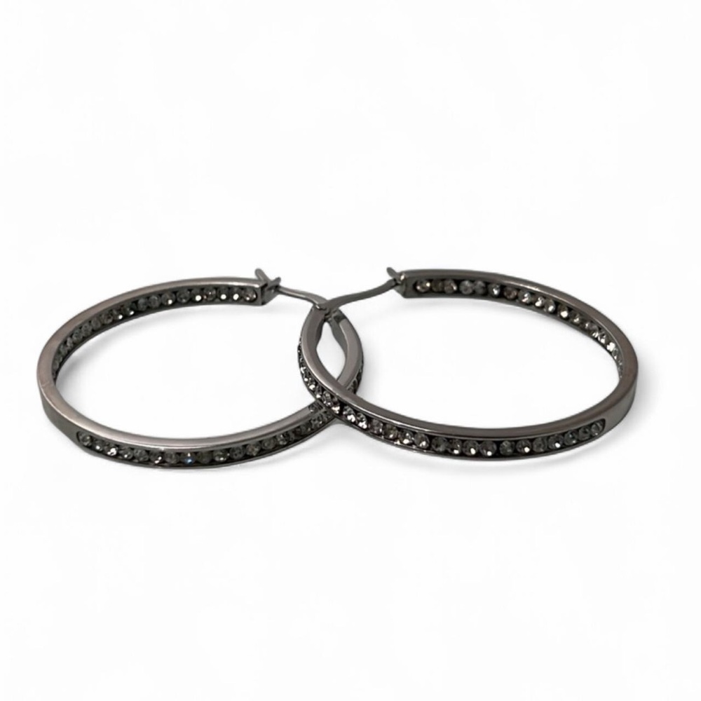 Silver Rhinestone Hoop Earrings - Picture 2 of 6